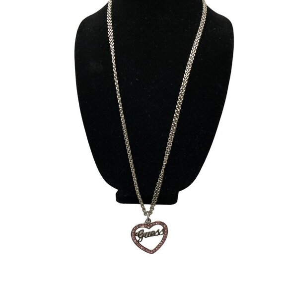 GUESS TWO STRAND SILVER‎ TONE HEART CHARM NECKLACE 30" NWT - Picture 3 of 5